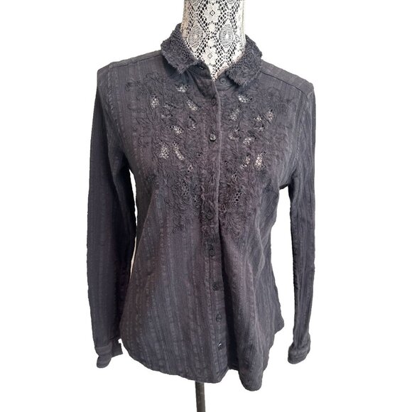Free People dark Grey Long Sleeve Shirt Lace 100% cotton blouse collard sexy - Picture 1 of 13